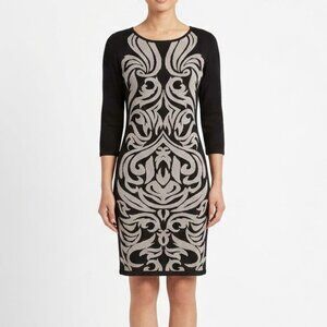 Nine West Black Tan Scroll Intarsia Knit Sweater Dress XS Baroque Damask 3/4 Slv
